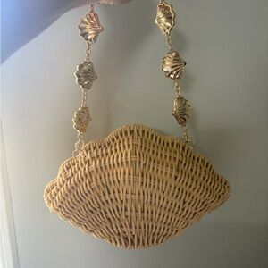 Tommy Bahama Tan Woven Shell Mini Bag with Gold Shell-Link Strap